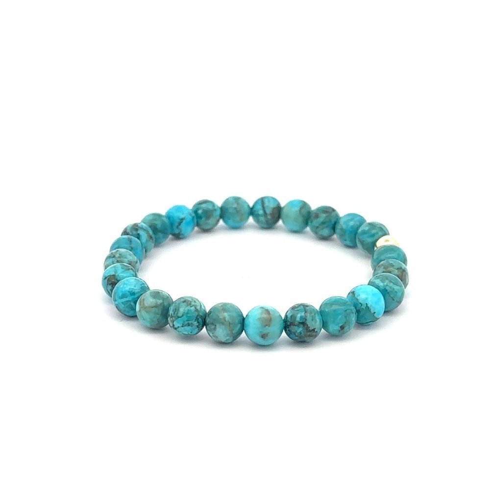 Natural Turquoise 6mm Stretchable Bracelet 18k Gold Bead Charm - Picture 3 of 4